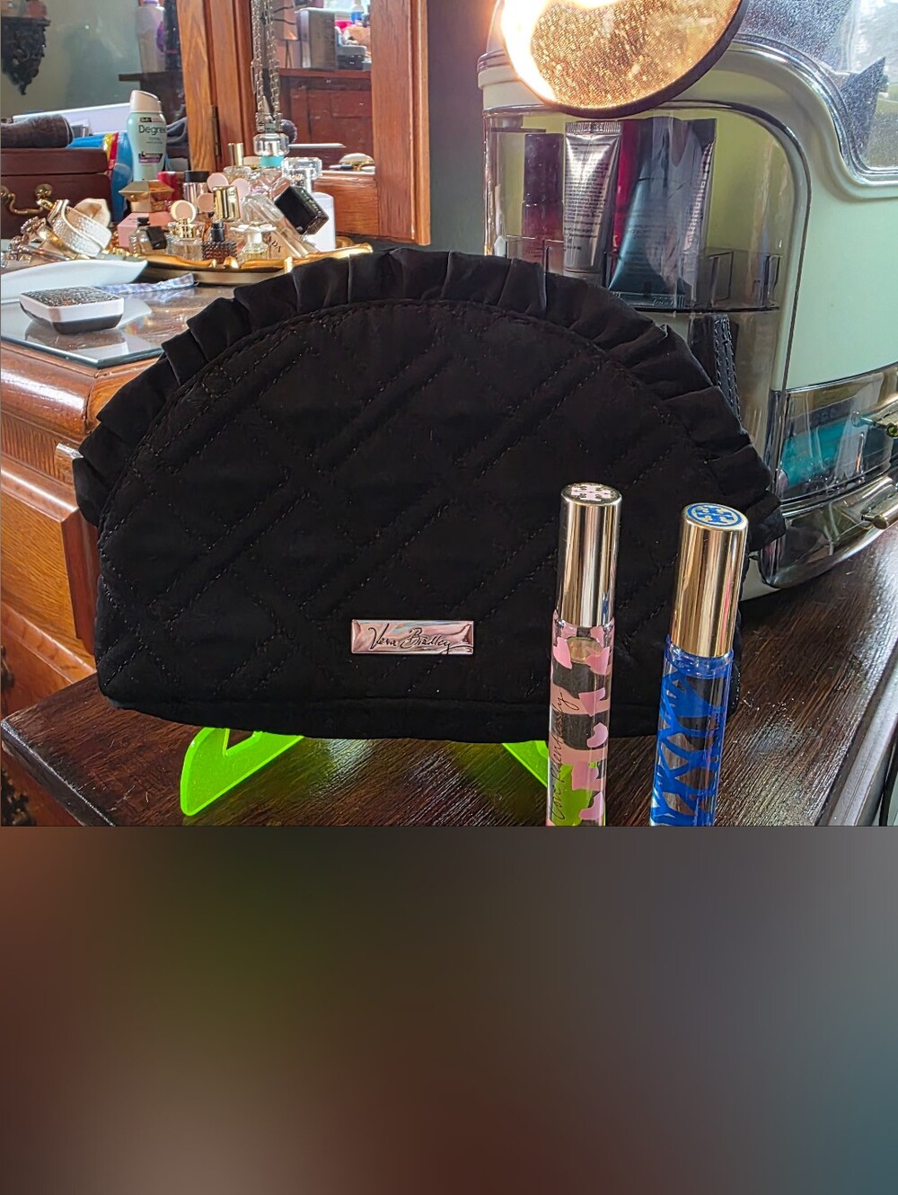 Vera Bradley Black Quilted Cosmetic Pouch & 2 Tory Burch Roll-on Perfumes
